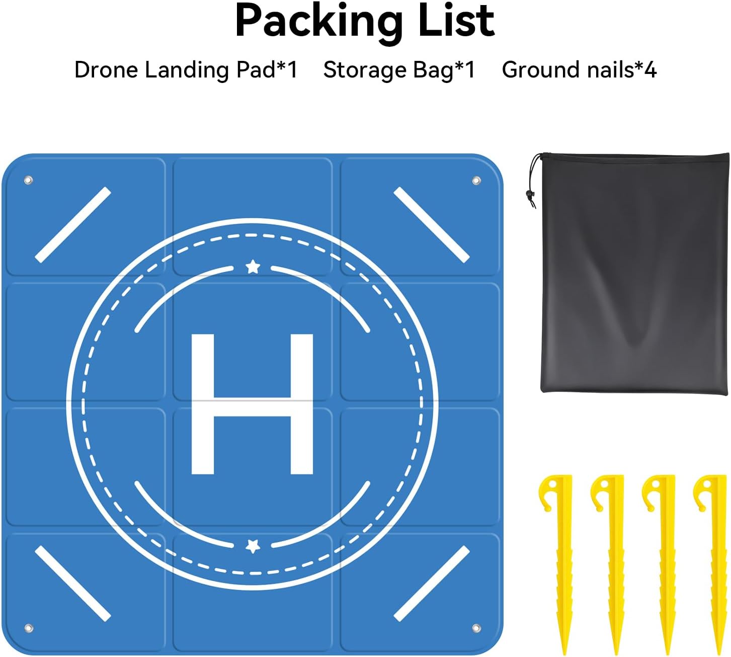 Drone landing pad packing list with storage bag and ground nails