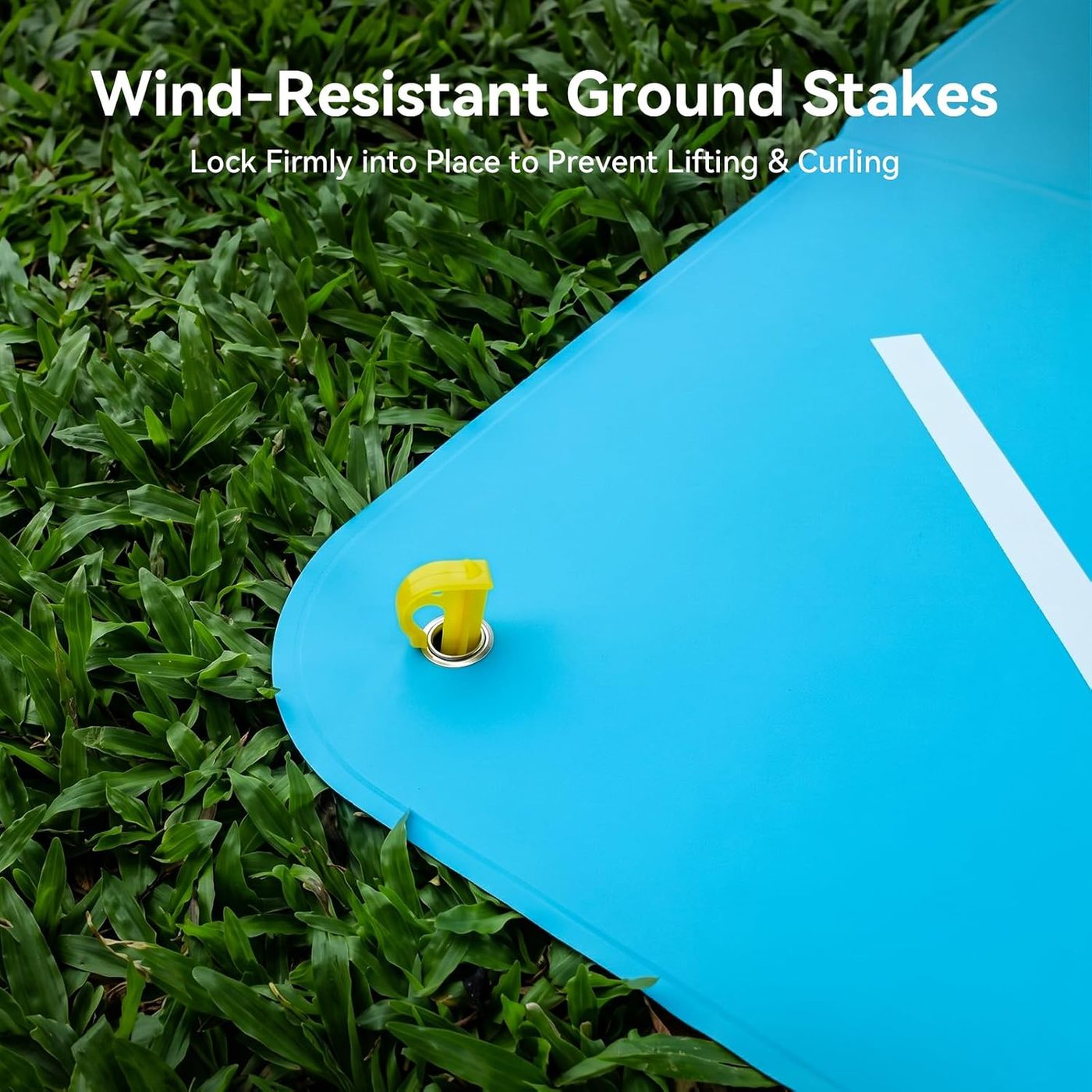 Blue drone landing pad wind resistant ground stakes detail