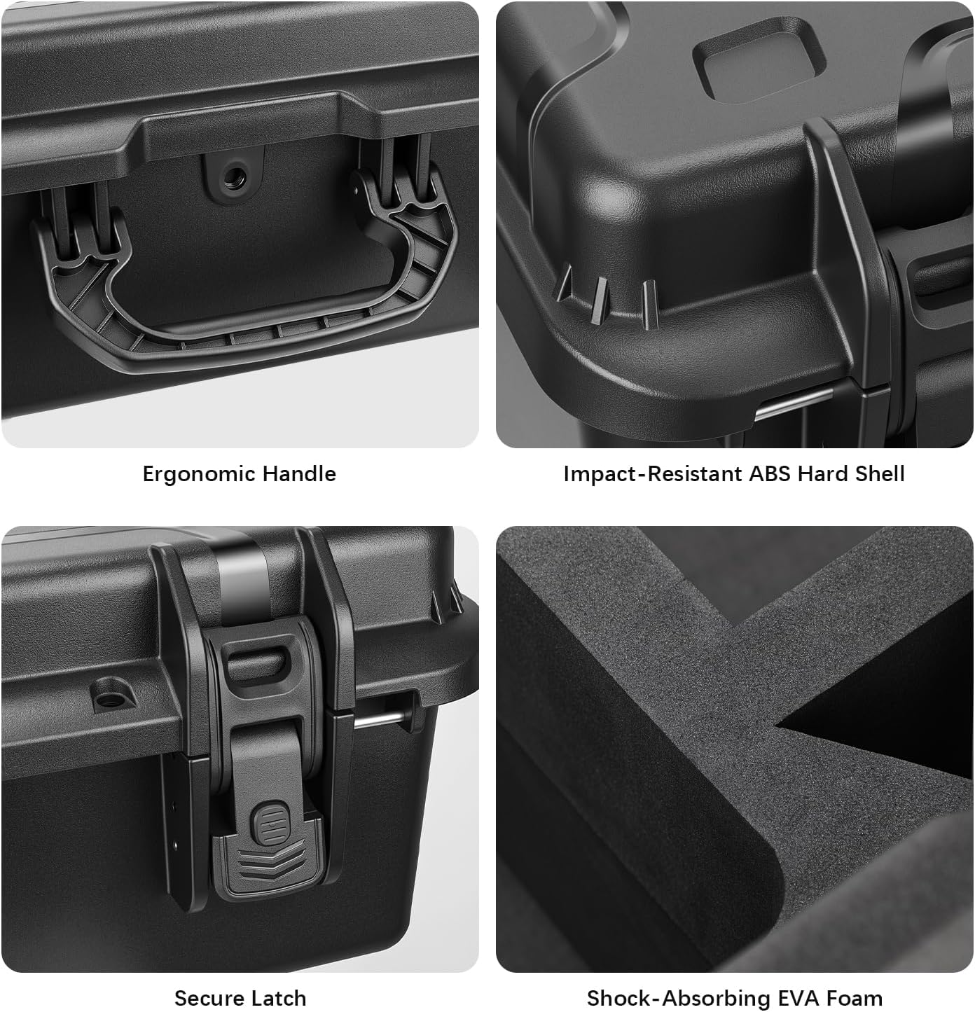 ABS hard shell, secure latch, ergonomic handle, and EVA foam details